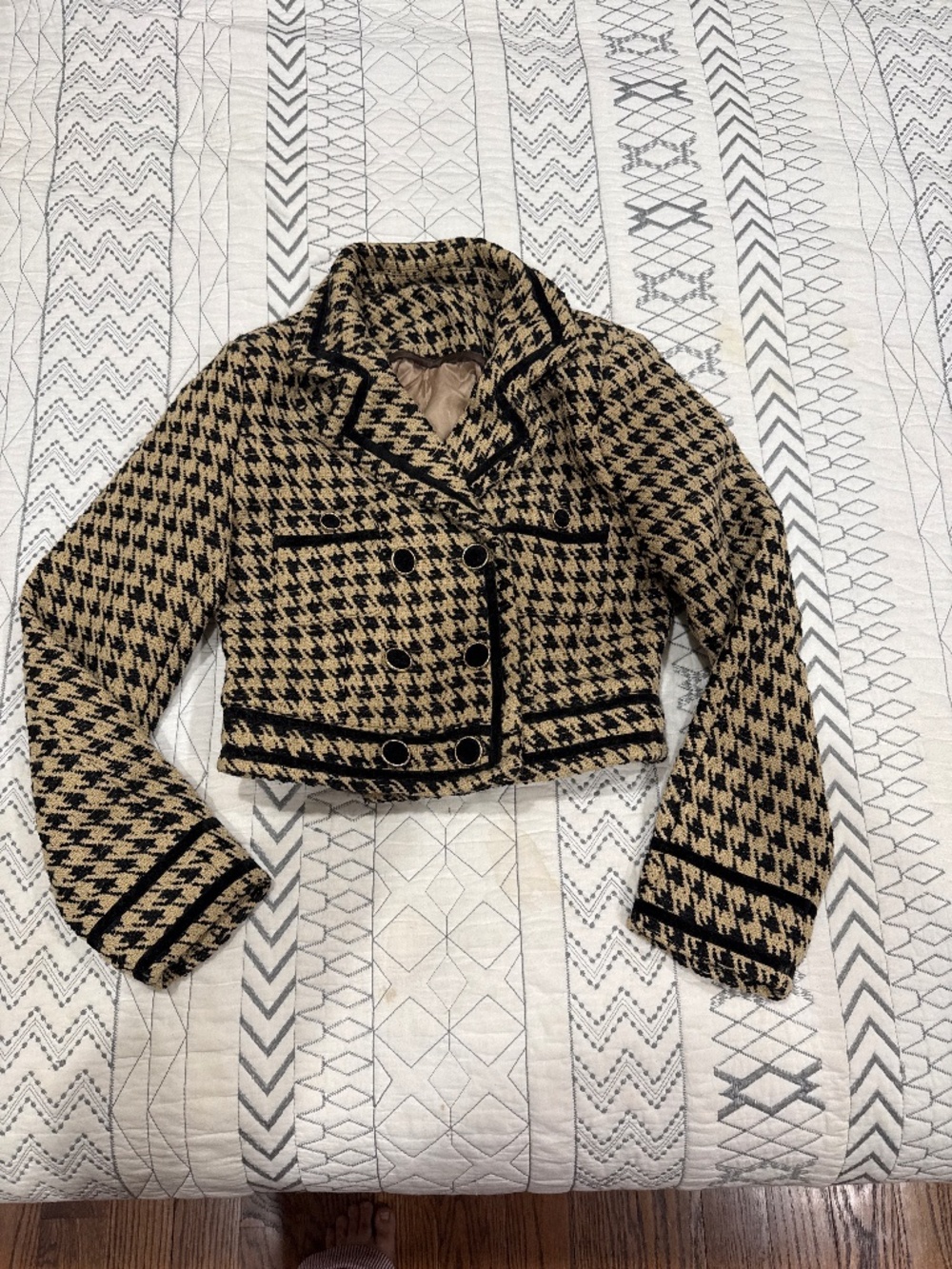 Tweed Cropped Houndstooth Double-Breasted Jacket, XXSP, NWOT